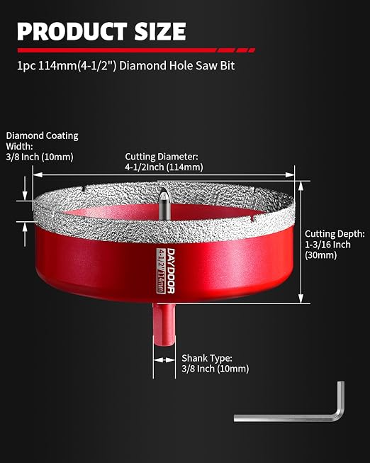 DAYDOOR 4-1/2" Diamond Hole Saw Bit with Pilot Drill Bit -1pc 114mm Diamond Tile Hole Saw with Guiding Bit for Porcelain Tile Ceramic Pottery Granite Stone Glass Bottles(3/8" Triangle Shank)