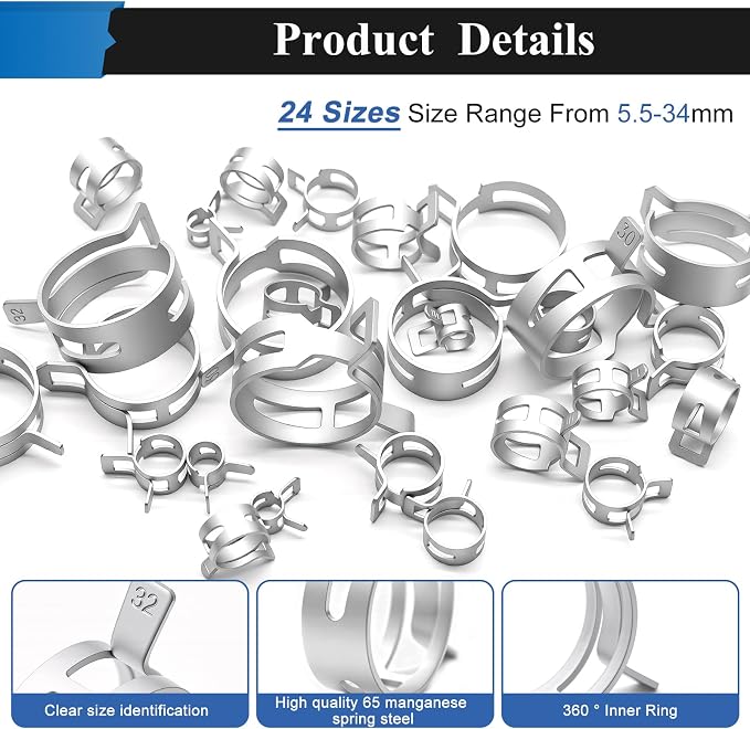 226Pcs 6-34mm Spring Hose Clamps Assortment Kit with Hose Clamp Plier - 24 Sizes Constant Tension Hose Clamps for Fuel Line Silicone Vacuum Hose Low Pressure Air Clamps(Grey)