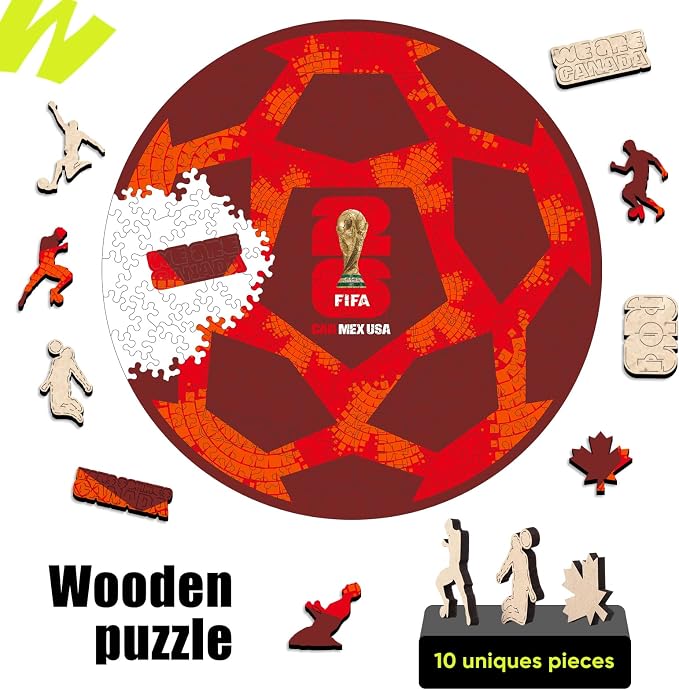 FIFA World Cup 2026 Soccer Wooden Puzzle for Adults, 5MM Thick, Canada Ball Puzzle for Soccer Fans, Officially Licensed Product, 200 Pieces Irregular Shape Jigsaw Puzzles,10 x 10