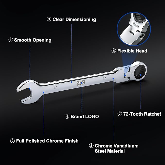 Prostormer 14-Piece Metric Flex-Head Ratcheting Wrench Set | 6-19mm Ratchet Combination Wrenches Kit, 72-Tooth, Cr-V Steel, Organizer Tool Box
