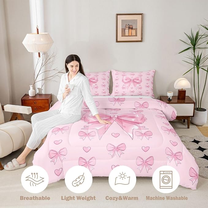 Feelyou Cute Pink Bowknot Comforter Set King Size Love Hearts Bow Bedding Set for Kids Boys Girls Princess Bow Duvet Quilt Bedroom Decor Microfiber 3 Pcs with 2 Pillow Cases