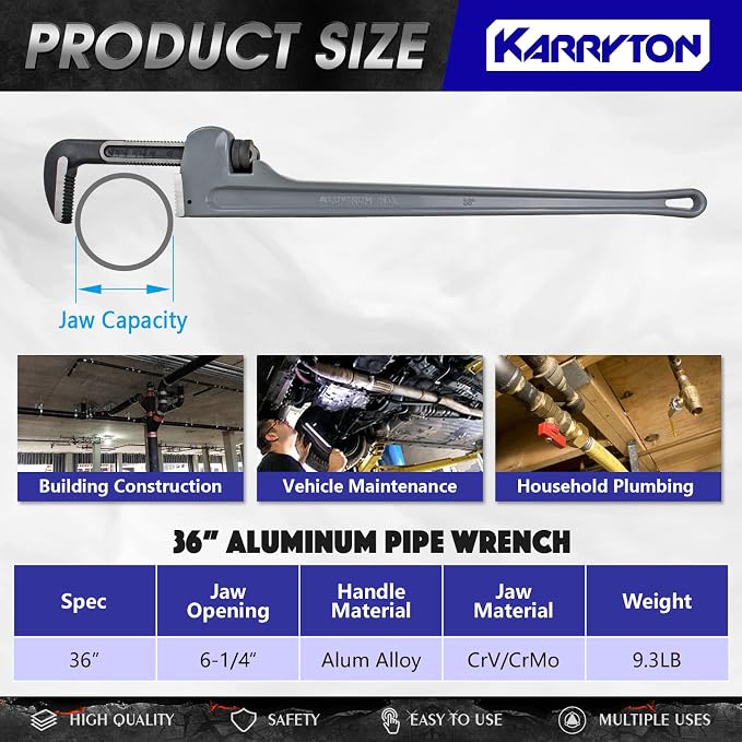 36 Inch Aluminum Pipe Wrench, 6-1/4"/158mm Adjustable Cr-Mo Jaw Opening Heavy Duty Aluminum Straight Handle Plumbing Wrenches, Perfect Plumbers Tool Exceed GGG Standard (36-INCH)