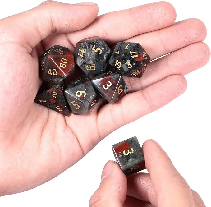 mookaitedecor 7 PCS Africa Bloodstone Crystal Polyhedral DND Dice Set, Polished Tumbled Stones Dices for RPG MTG Table Games Home Decoration