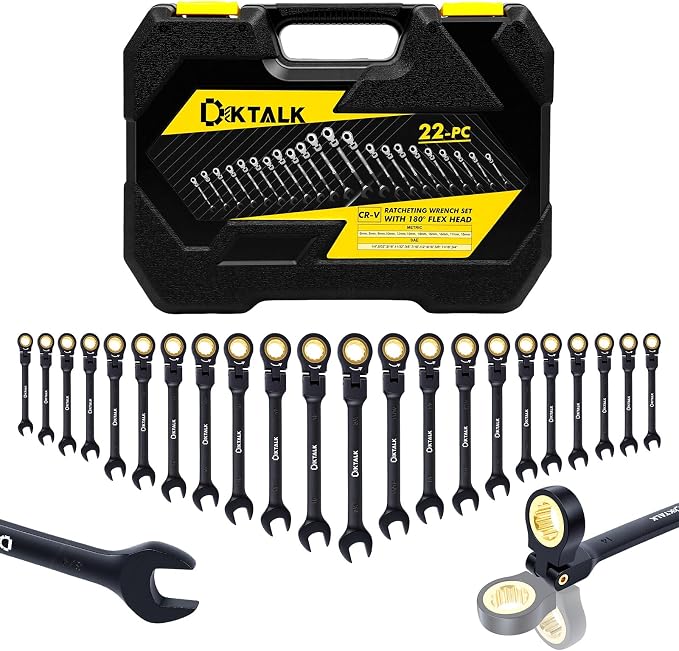 22-Piece Ratcheting Wrench Set with 180° Flex Head & Anti-Slip Design, Metric (6-18mm) and SAE (1/4-3/4") Combination Wrench Set, Professional Grade Chrome Vanadium Steel with Organizer Box