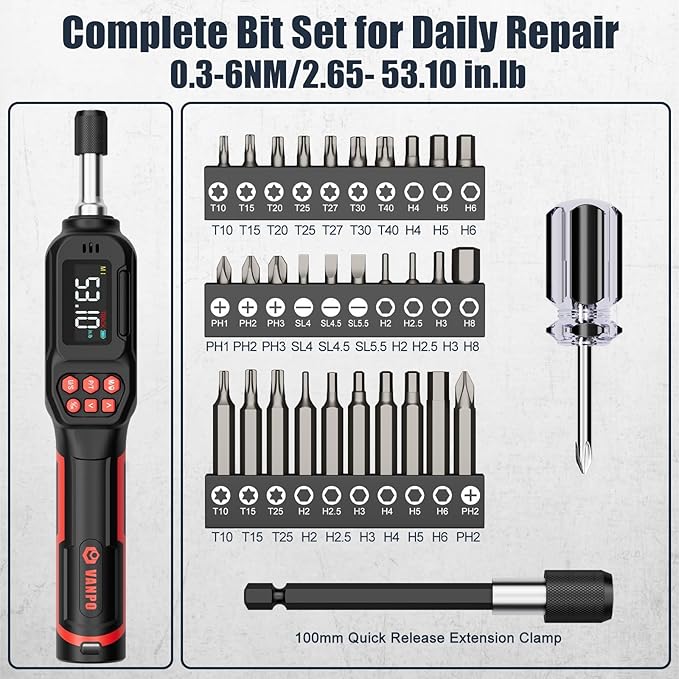 VANPO Torque Screwdriver 1/4" Digital for Gunsmithing, 2.65-53.10 in.lb | ±2% Accuracy, 0.3-6Nm, Electronic Digital Torque Wrench Screwdriver Set with 31Bits,LCD Display & Audible Buzzer for Bike