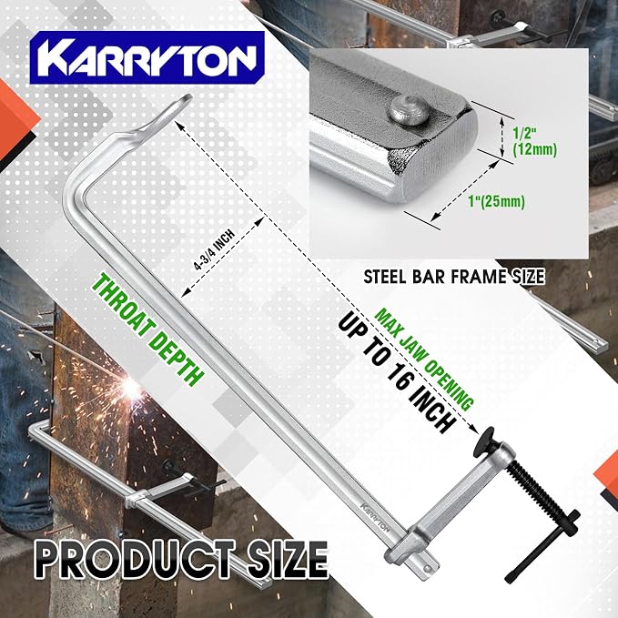 2-Pack Heavy Duty 16"(400x120mm) F-Clamp w/ 4-3/4" Throat Depth, Bar Size 1"x15/32", 1400LB Clamping Force, Drop Forged Steel Bar Clamps for Wood, Metal, Pipe, Welding and DIY Projects