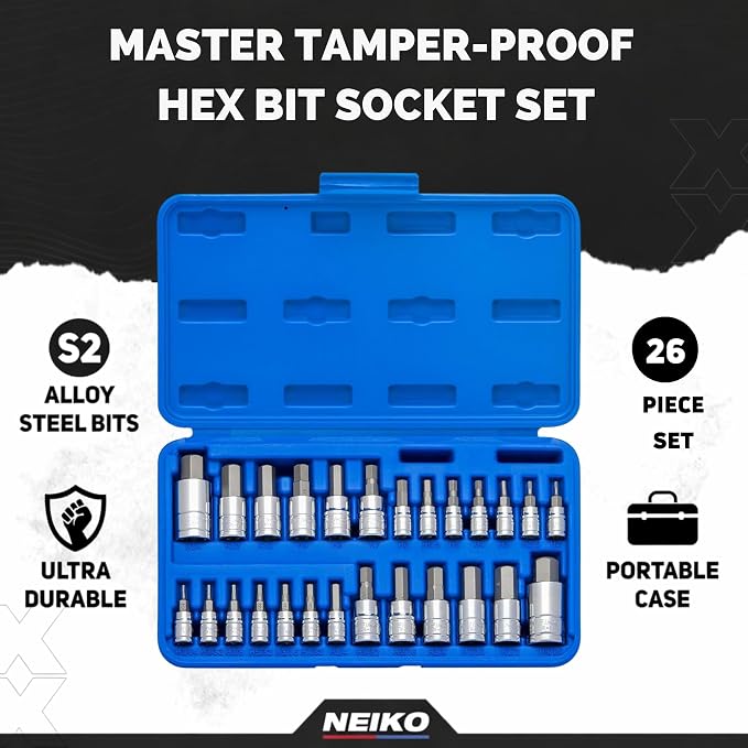 Neiko 01144A Tamper-Proof Hex Bit Socket Set, 26 Pieces | SAE (5/64-9/16”) and Metric (2-14MM)