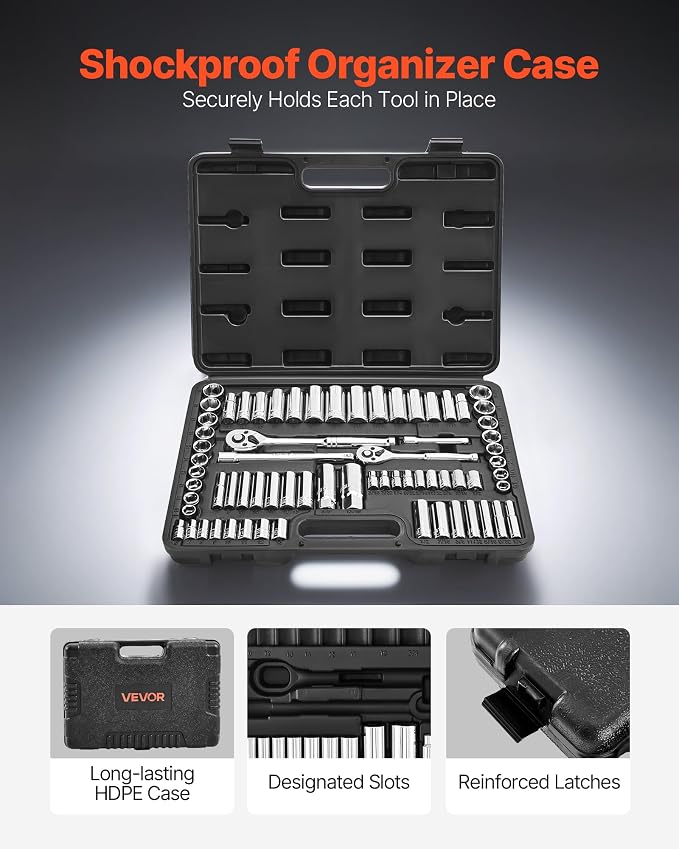 VEVOR Socket Set, 69 Pieces, 3/8 & 1/4 inch Drive Socket and Ratchet Set, SAE and Metric, Deep and Standard, Mechanic Tool Kit with Accessories and Storage Case, CR-V Alloy Steel, for Auto Repair | SAE and Metric, Deep and Standard, CR-V Mechanic Tool ...