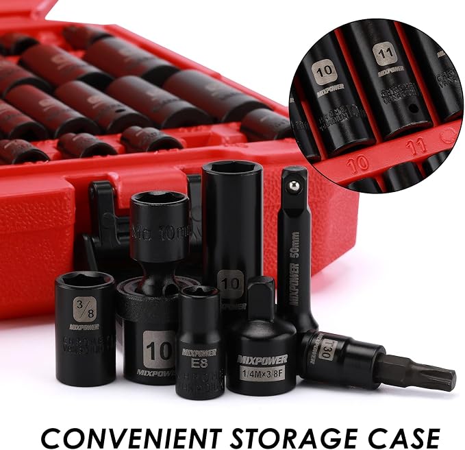 MIXPOWER 86PCS 1/4" Drive Master Impact Socket Set, Universal/Deep/Standard/Torx/Inverted Torx Socket, Impact Grade, Metric&SAE, 6 Point