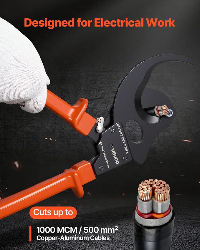 VEVOR Ratcheting Cable Cutter, Spring Steel Blades with PVC-Coated Handles, Quick-Release Button, Heavy Duty Ratchet Cable Wire Cutter for Cutting Copper & Aluminum Cables Up to 1000 MCM / 500 mm²