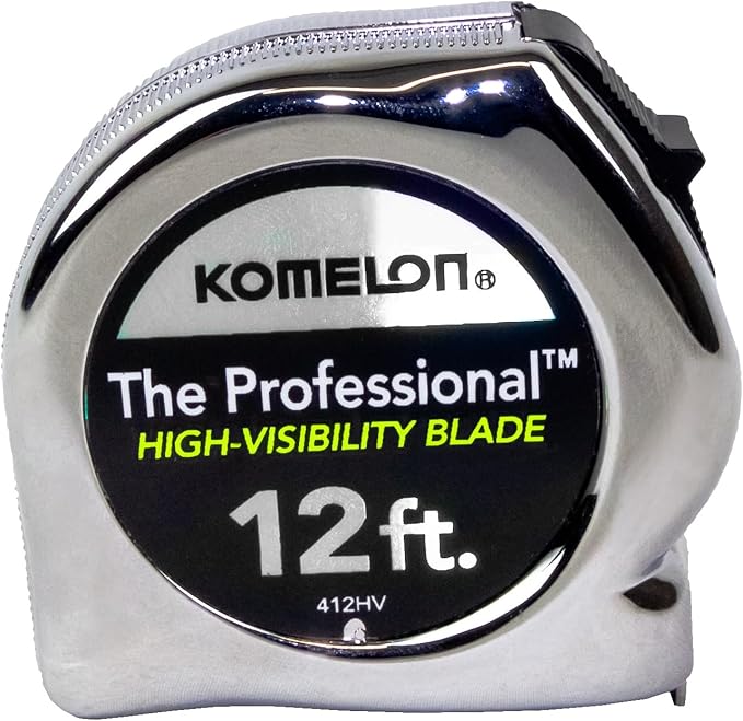 Komelon 412HV High-Visibility Professional Tape Measure, 12-Feet by 5/8-Inch, Chrome, Yellow, 12ft - Blade