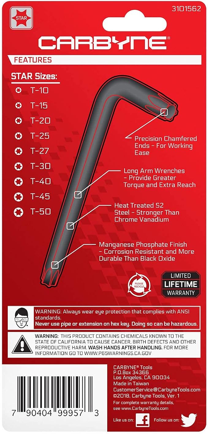 Carbyne 9-Piece Long Arm Torx Wrench Set (Star Key Set), T10 to T50 Sizes, Heat Treated S2 Steel, Manganese Phosphate Finish