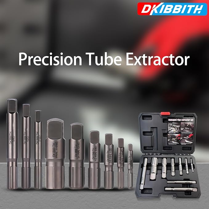 Pipe Extractor Set, 9-Piece Heavy Duty Steel Broken Pipe Extractors for Removing Damaged Threaded Pipes & Fittings from 1/8" to 1", with Durable Storage Case, Ideal Tools for Plumbers Mechanics DIY