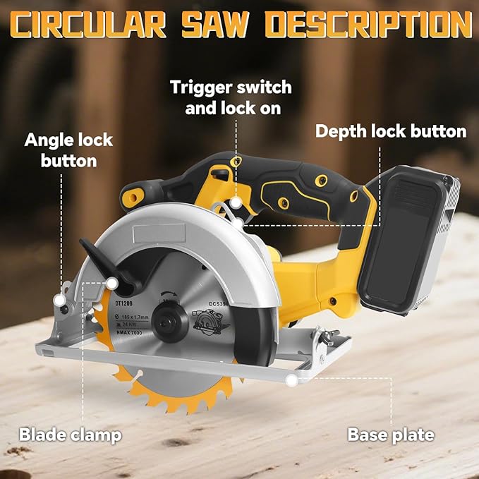 Cordless Circular Saw for Dewalt 20V Battery, 6-1/2 Inch Brushless Circular Saw, 0-45°Cutting Bevel,Max Cutting Depth 1.6" for Wood, Soft Metal, Plastic(No battery)