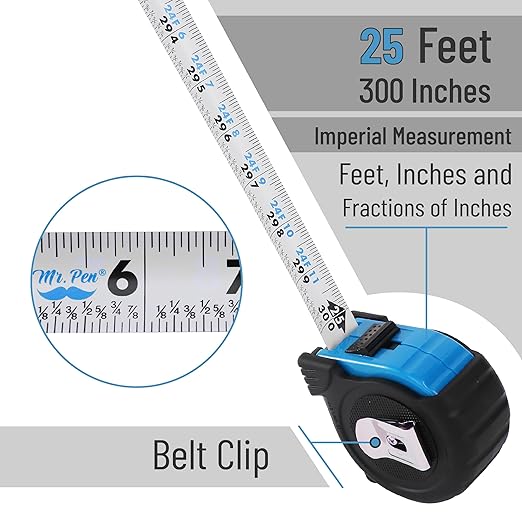 Mr. Pen- Retractable Tape Measure 25 ft, Light Blue, Easy Read, Steel Retractable Measuring Tape with Fractions, Ideal for Construction & DIY Projects