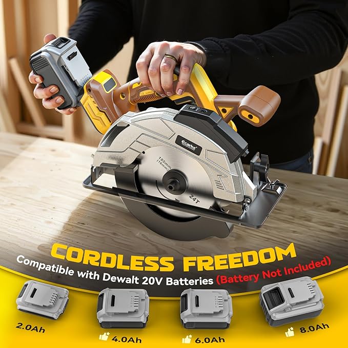 Ecarke 7-1/4" Cordless Circular Saw, Compatible with DeWalt 20V Battery (Bare Tool), 5000 RPM Electric Circular Saw with Laser Guide, 2 Blades (24T & 40T), 0–45° Bevel, 2-1/4" Cutting Depth
