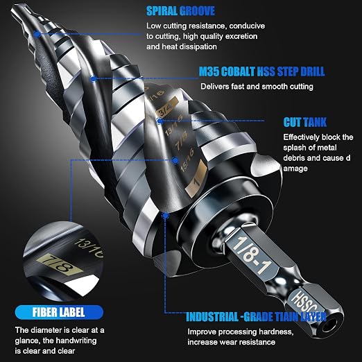 Four Spiral Flute M35 Step Drill Bit Set 1/4"-1"(3 pcs 30 Sizes), 1/4" Shank for Metal Step Drill bit, Impact Resistant Cobalt Step Drill Bit, for Stainless Steel, Wood, Aluminum, Plastic