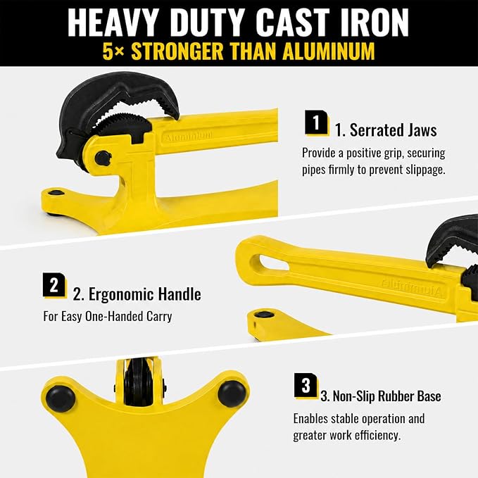 Portable Pipe Vise Wrench, Heavy Duty Cast Iron Plumbing Tools | 1/8"-1.75" capacity cast iron pipe clamp for HVAC & pipe repair. Non-slip serrated jaws securely grip copper & PVC pipes.