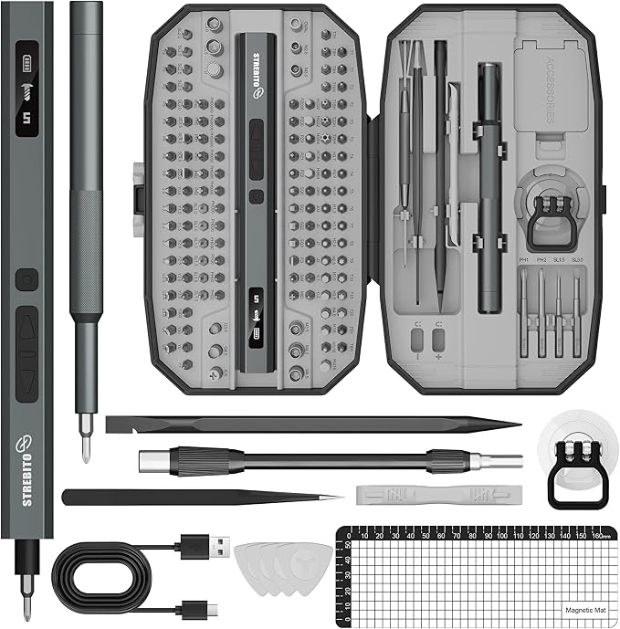 STREBITO 155 in 1 Electric Screwdriver Set, Small Electric Screwdriver Cordless with 140 S2 Magnetic Bits, Electronic Power Screwdriver Repair Tool Kit for RC, Computer, Pc Building, Laptop（Upgraded）