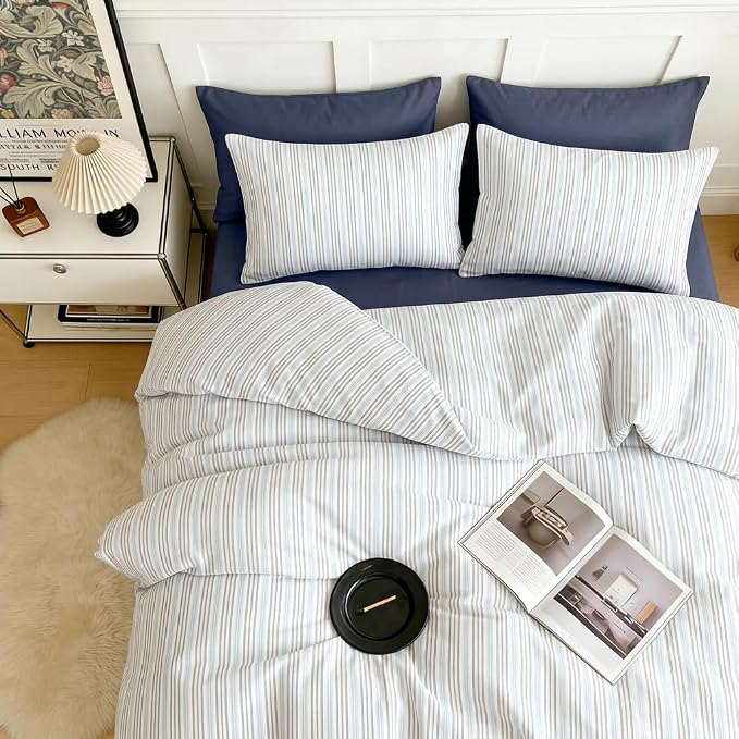 Sedefen Blue Striped Duvet Cover 3 Pcs, Grey White Stripe Bedding Set with 2 Pillowcases, Modern Minimalist Stripes Soft Breathable Microfiber Duvet Cover Set for All Season