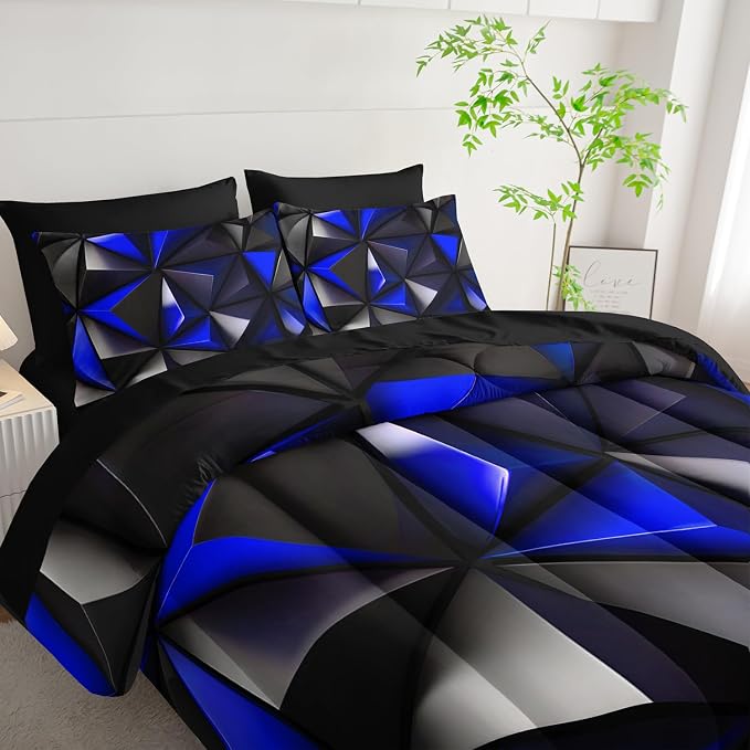 Geometric Full Comforter Set,Blue Black Honeycomb Bedding Set 7 Piece with Comforter Fitted Sheet Flat Sheet Pillowcases,Bed Sets Geometry Decor,Microfiber Lightweight All Season.