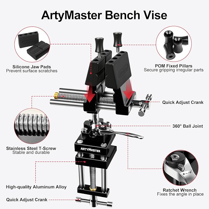 ArtyMaster 360° Rotating Bench Vise with Quick-Release Ratchet Wrench - Versatile Woodworking & Pipe Vise for Home Improvement - 4 Inch Workbench Vise for Carving, Repair & DIY Projects (WT117A)
