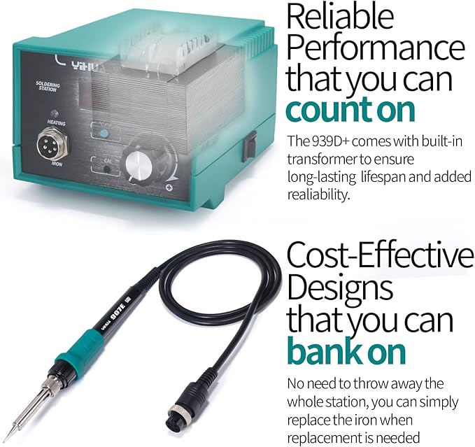 YIHUA 939D+ Digital Soldering Station, 75W Equivalent with Precision Heat Control (392°F to 896°F) and Built-in Transformer. ESD Safe, Lead Free with °C/°F display (Green)