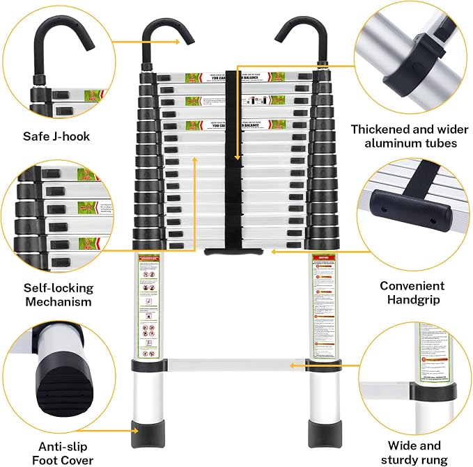 RIKADE Telescopic Ladder, 20.3 ft Aluminum Telescoping Ladder with Stable Hook and Non-Slip Feet, Portable Extension Ladder for Household and Outdoor Working, Max Load 330 lb, Aluminum
