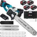 16" Brushless Chainsaw, 21V Cordless Chainsaw with 4 x 4.0Ah Battery, Electric Motosierra De Gasolina with 2 x Chains & Guide Plate, Eléctrica Rechargeable Saw for Wood Cutting Trimming Branch (Blue)