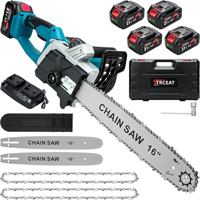 16" Brushless Chainsaw, 21V Cordless Chainsaw with 4 x 4.0Ah Battery, Electric Motosierra De Gasolina with 2 x Chains & Guide Plate, Eléctrica Rechargeable Saw for Wood Cutting Trimming Branch (Blue)