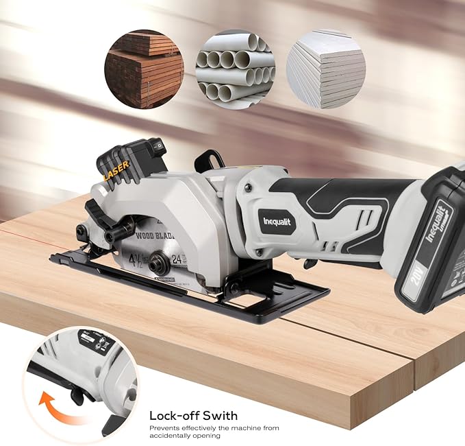 Cordless Mini Circular Saw, 4-1/2 Inch 3400 RPM Circular Saw with Laser Guide, Rip Guides, 2 Blades (24T Wood + 60T Metal), Max Cutting Depth 1-11/16" (90°), 1-1/8" (45°)"
