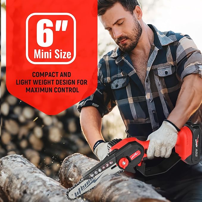 Mini Chainsaw Cordless, 6 Inch Portable Electric Chainsaw, One-Hand Handheld Small Chain Saw for Cutting Wood Trimming and Woodworking- Mini Chain Saw Battery Powered with 2 Batteries
