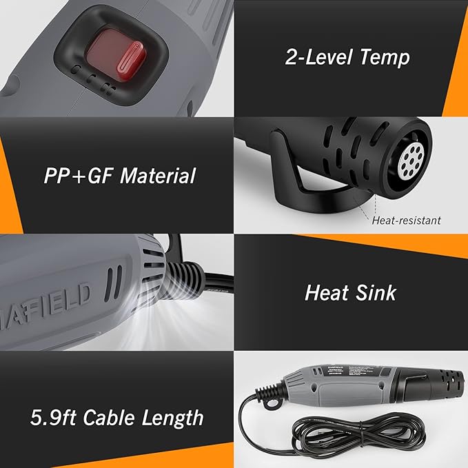 DIAFIELD Mini Heat Gun, 2 Temp Setting 302℉-842℉ Fast Heat Hot Air Gun Tool with Reflector Nozzle and 5.9Ft Cable Overload Protection for Epoxy Resin, Craft, Embossing, Shrink Wrapping & DIY
