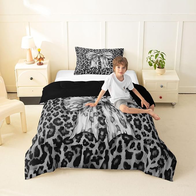 Feelyou Leopard Print Bedding Set Soft for Boys Girls, Black Cheetah Comforter Set Toddler Size Cute Bowknot Duvet Quilt Microfiber Bedroom Decor 2 Pcs with 1 Pillow Cases