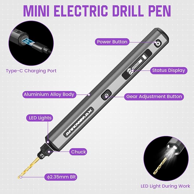 Mini Drill Pen, 5-Speed, LED Lights, OLED Display, Aluminium Box, Resin Drill Set With 10 Small Bits, 3/32-Inch Shank, For Jewelry Making, Wood, Plastic,(SDS)