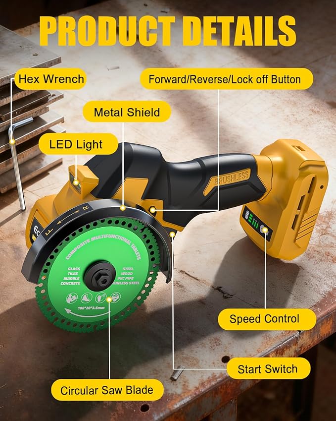 Ecarke Cordless Cut Off Tool Compatible with DeWalt 20V Battery, 4" Circular Saw Brushless Motor with Blades, 18,000 RPM Mini Cut Off Tool Kit for Wood/Metal/Plastic/Tile/Stone Cutting (Tool Only)