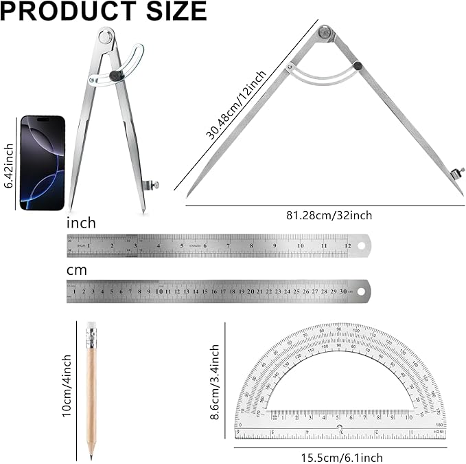 Compass Geometry Tool, Drawing Compass, Professional 12 Inch Large Compass with Wing for Woodworking, 6 Inch Protractor, 12 Inch Ruler, 2 Pencil for Carpenter, Drafting