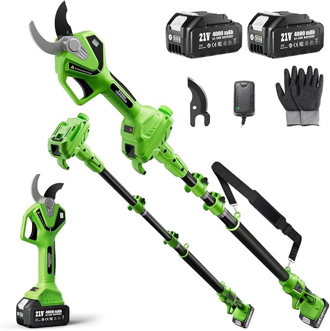 TaskStar Electric Pruning Shears with Pole: 1.6" Cutting Diameter 2-in-1 Cordless Pole Pruner - 2 Pcs 4.0Ah Batteries, Brushless Motor, Extra SK5 Blade, Branches Cutter for Flower Tree Trimming