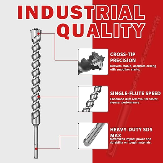 1-1/8" x 13" SDS Max Cross-Tip Rotary Hammer Drill Bit – Upgraded Heat-Treated Carbide Head, Extended Length 340mm for Longer Working Depth, Concrete Drill Bit for Masonry, Brick & Stone