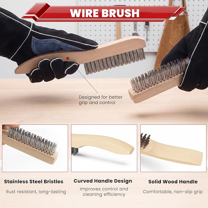bestarc Welding Chipping Hammer and Wire Brush Set, 10.5" Slag Hammer with Coil Spring Handle, Cone and Vertical Chisel, 9.8" Wire Brush for Rust, Spatter Removal