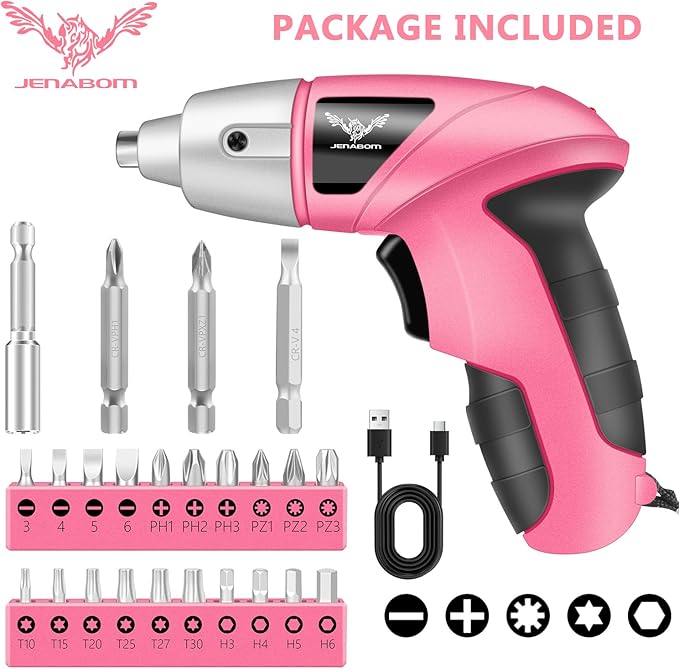 JENABOM Pink Cordless Electric Screwdriver, 3.6V Rechargeable Small Electric Drill with 24pcs Driver Bit Set, Power 3.5Nm Screw Gun with LED Light for Women