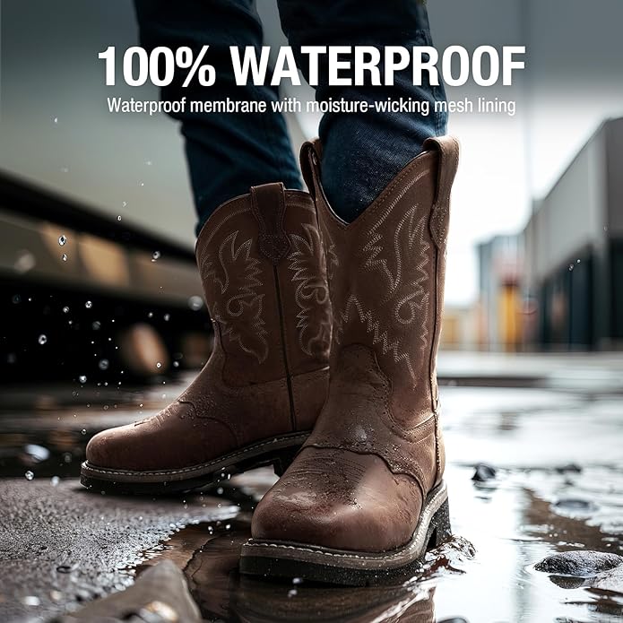 HISEA NINGO Steel Toe Work Boots for Men, Waterproof Square Toe Cowboy Boots Slip on, Comfortable Soft Toe Pull on Western Safety Work Shoes for Construction Industrial Working Welding Riding, Brown