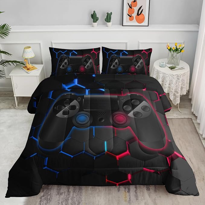 Axolotl Gamer Comforter Set King Size,Geometric Honeycomb Gaming Bedding,Video Games Comforter,3 Piece Game Console Print Bedding Set for Kids Boys Girls Teens,1 Duvet 2 Pillowcases,Blue Red