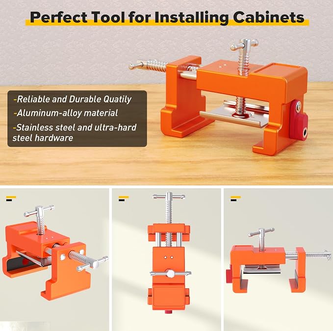Cabinet Clamps, Cabinet Installation Cabinetry Clamps Face Frame Clamps Tools with Two Side Screws and Alignment Plate, 4 Pack, Orange