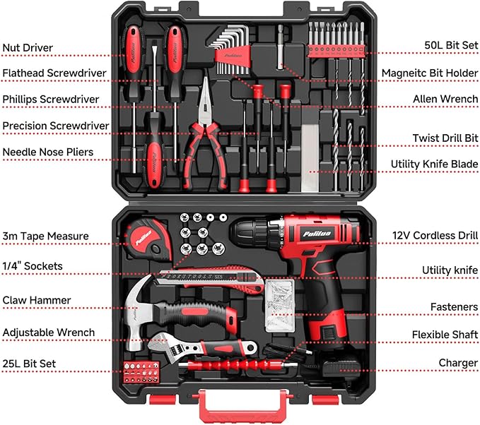 PULITUO 149-Piece Home Drill Set with 12V Red Cordless Drill, Hand Tools, Tool Box for Women, Men, DIY Enthusiasts for Home Improvement.