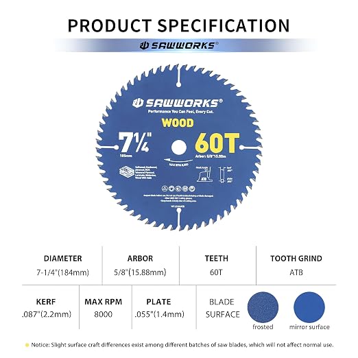 SawWorks 7-1/4" 60T Carbide Circular Saw Blade, Trim, Molding & Veneer for Skilled Woodworkers, 5/8" Arbor