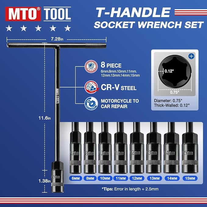 MTO T-Handle Metric Socket Wrench Set, 6-Point (6, 8, 10, 11, 12, 13, 14, 15mm) with Hanging Organizer Strap, Cr-V Steel Lug Wrench Hex Socket for Motorcycle Car Bicycle Repair (8 Pack)
