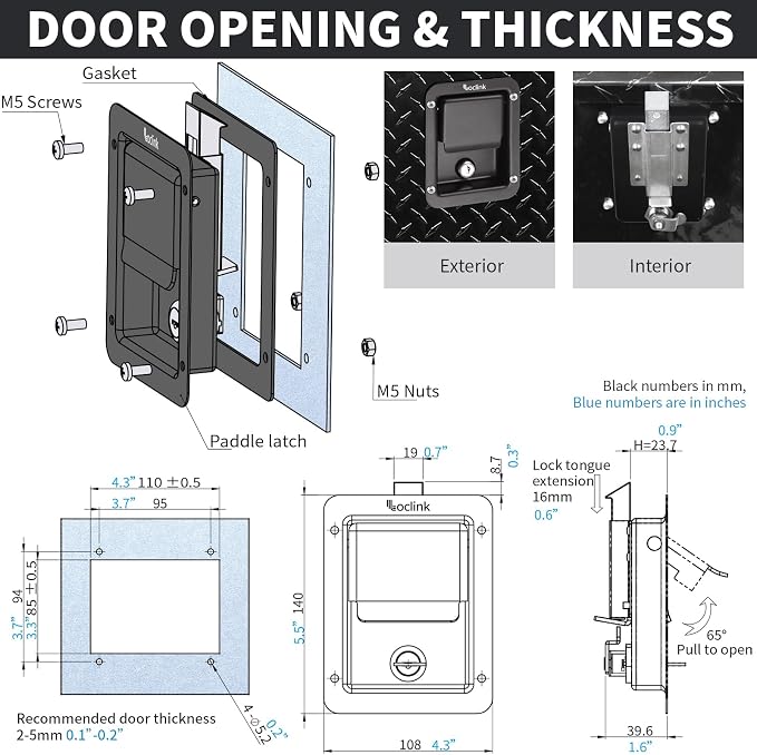 Black Truck Tool Box Lock Replacement kit, 2PCS Stainless Steel Paddle Latch for Truck Bed Toolbox Handle, Trailer Door, RV, Camper, ATV, UTV, 5.85" L x 4.25" W with Keys, 2 Pack