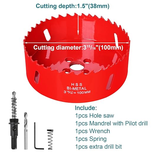 3-15/16 Inch / 100mm Hole Saw for Wood, Plastic Board, Ceiling,Drywall, and Metal Sheet - HSS Bi-Metal Hole Cutter with Pilot Drill Bit