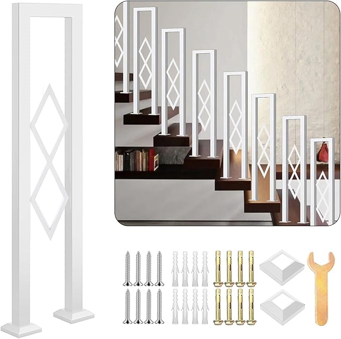 U-Shaped Stair Handrail, White Wrought Iron Hand Rails Decorative Railing for Indoor Stairs, Porch Deck Loft Corridor Safety Non-Slip Support Poles, with Diamond Pattern (White/3FT/90CM)